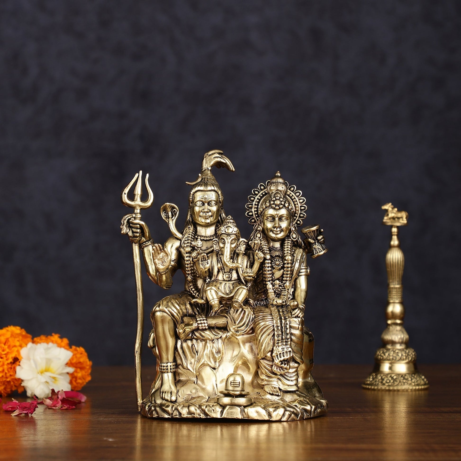 Pure Brass Shiv Parivar with Shiva, Parvati, and Ganesha - Intricate Lightweight Idol, 6" Tall - Sama Homes Idol - Brass Sculpture - Eco-friendly - Sama Homes