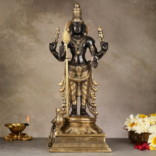 Pure Brass Kartikeya Murugan Swamy Statue - 14 inch - Sama Homes Idol - Brass Sculpture
