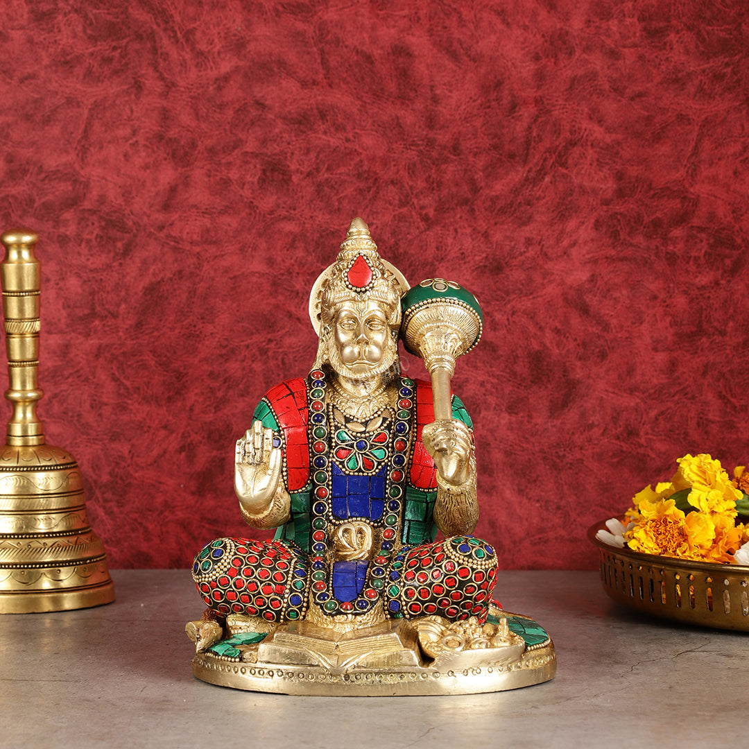 Pure Brass Blessing Lord Hanuman Idol blessing hand 7 inch - Sama Homes Idol - Brass Sculpture