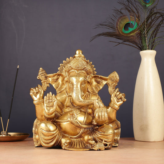 Brass Lord Ganesha Idol 9" | 100% Certified Copper & Brass - Sama Homes Idol - Brass Sculpture