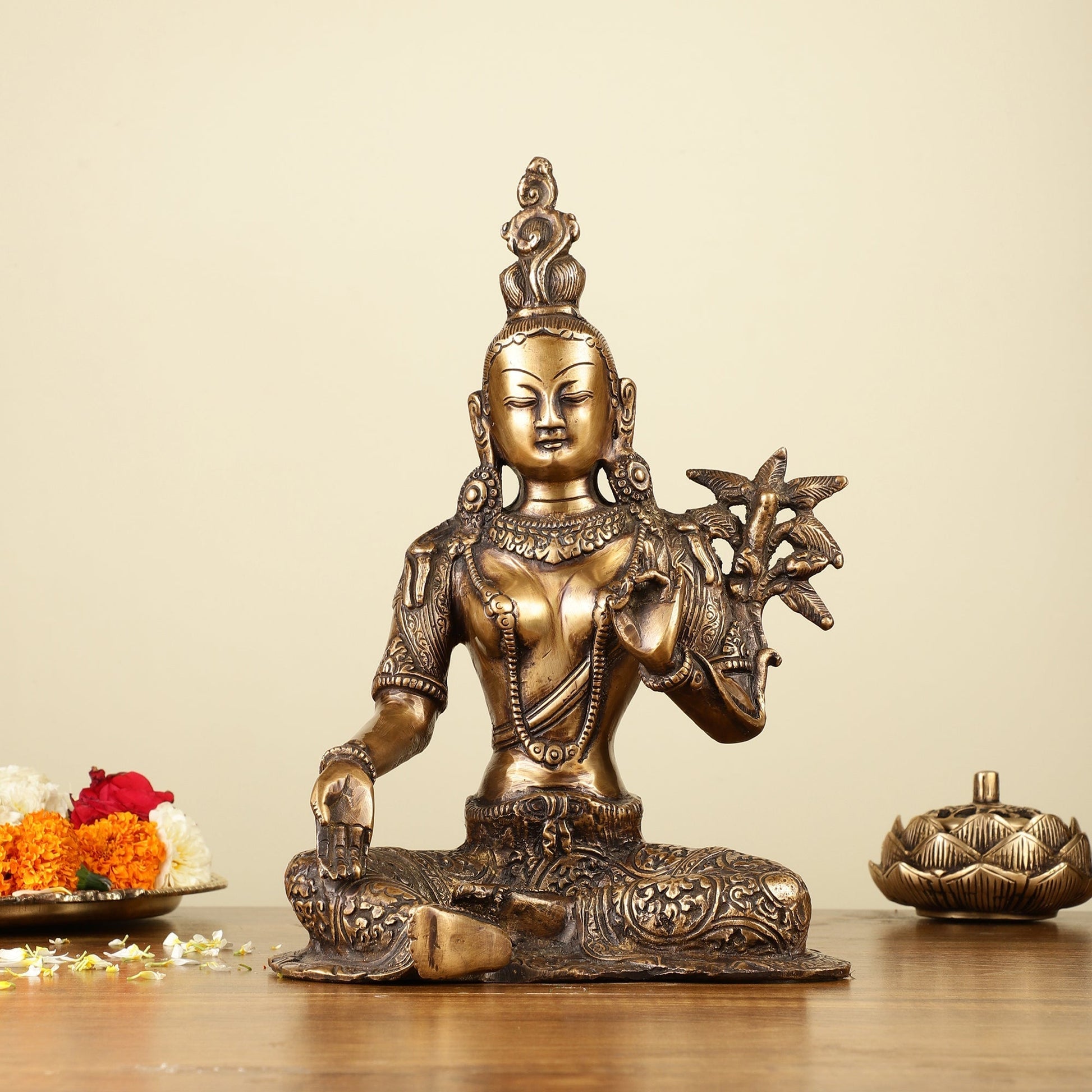Pure Brass Green Tara Devi Idol 10.5" - Sama Homes Idol - Brass Sculpture - Eco-friendly - Sama Homes