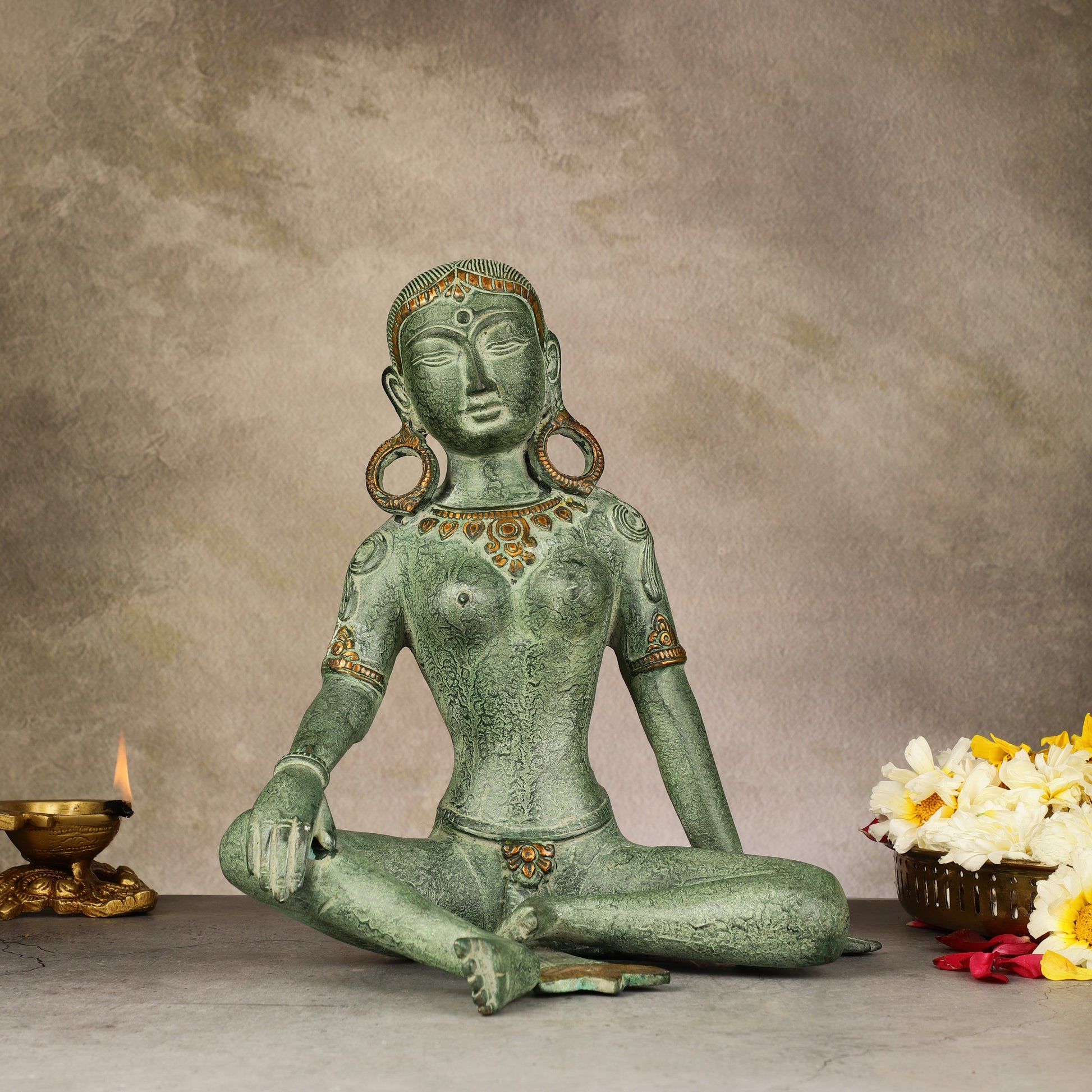 Brass Seated Nepalese Green Tara Idol – 10.5 Inch, - Antique Patina Hues | | 100% Certified Copper & Brass - Sama Homes Idol - Brass Sculpture - Eco-friendly - Sama Homes