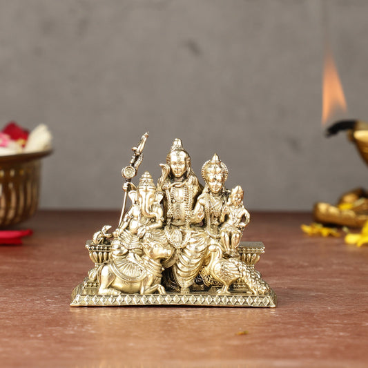 Intricate Lightweight Pure Brass Miniature Shiv Parivar Idol - 2-inch - Sama Homes Idol - Brass Sculpture