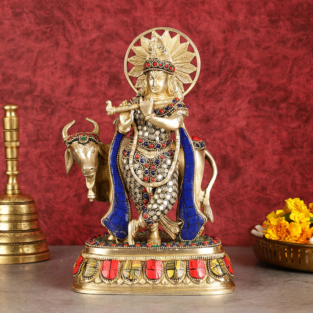 Exquisite Brass Lord Krishna Statue with cow idol 9" - Sama Homes Idol - Brass Sculpture