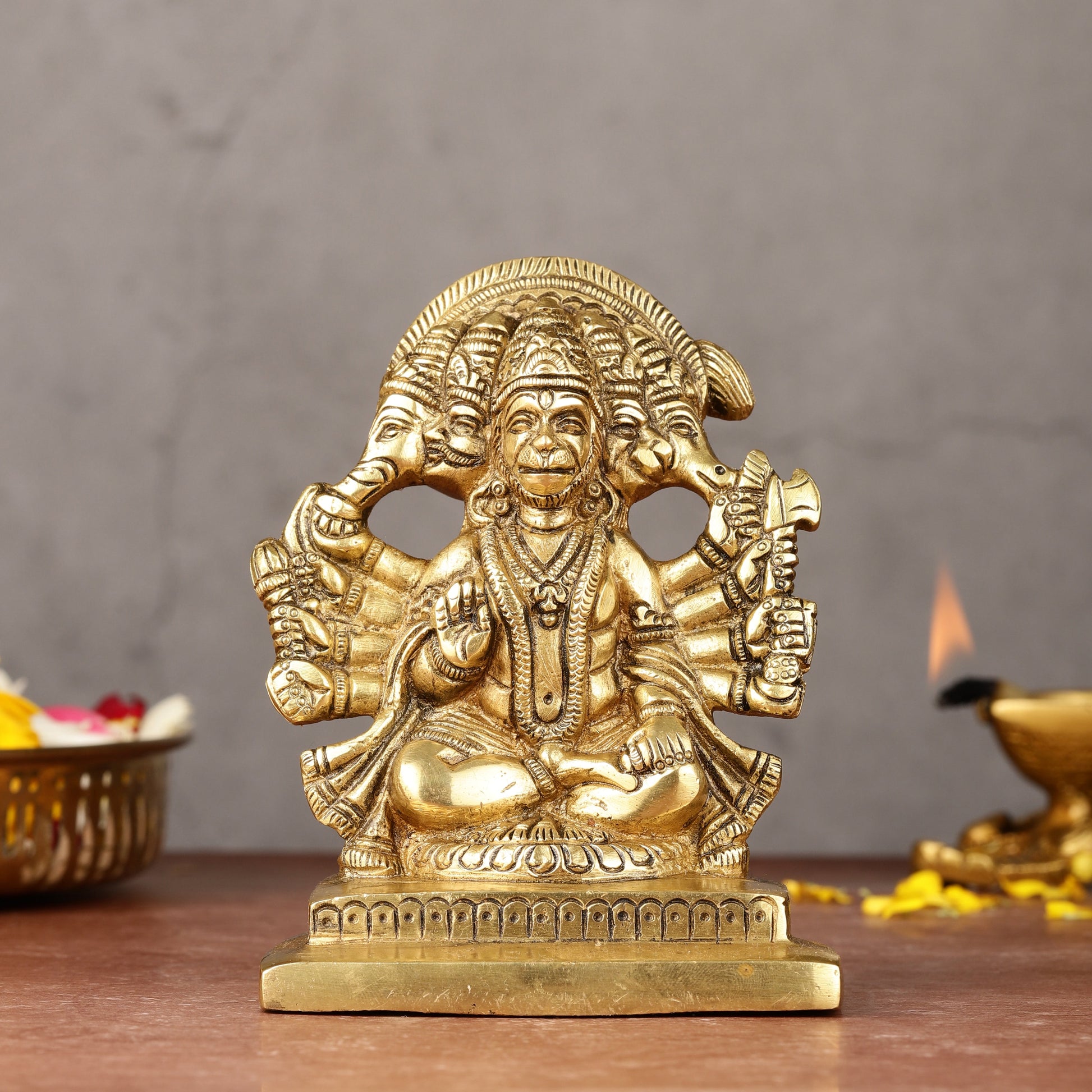 Brass Panchmukhi Hanuman Idol | 5" | 100% Certified Copper & Brass - Sama Homes Idol - Brass Sculpture - Eco-friendly - Sama Homes