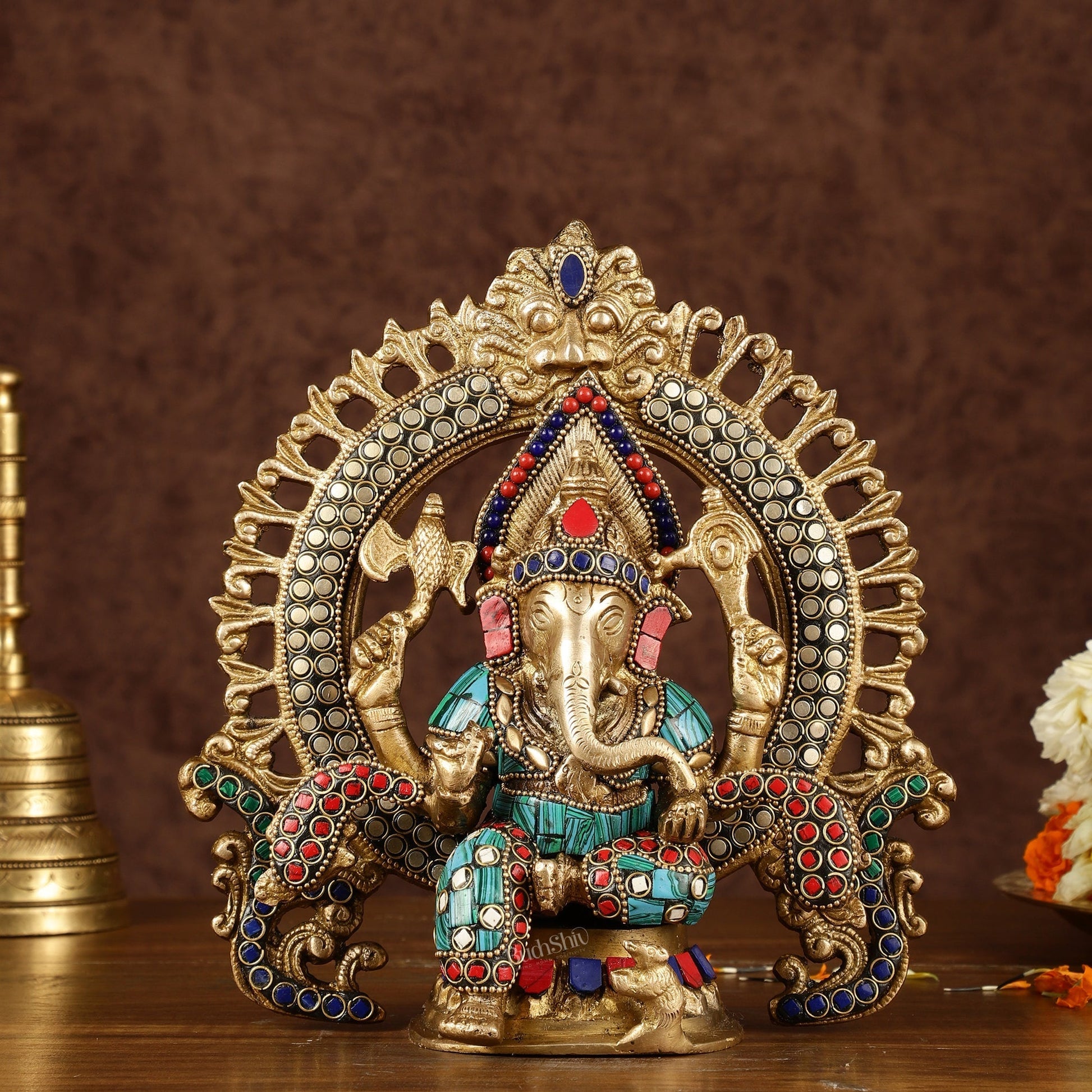 Handcrafted Brass Ganesha Idol with Stonework | Meenakari Art - Sama Homes Idol - Brass Sculpture - Eco-friendly - Sama Homes
