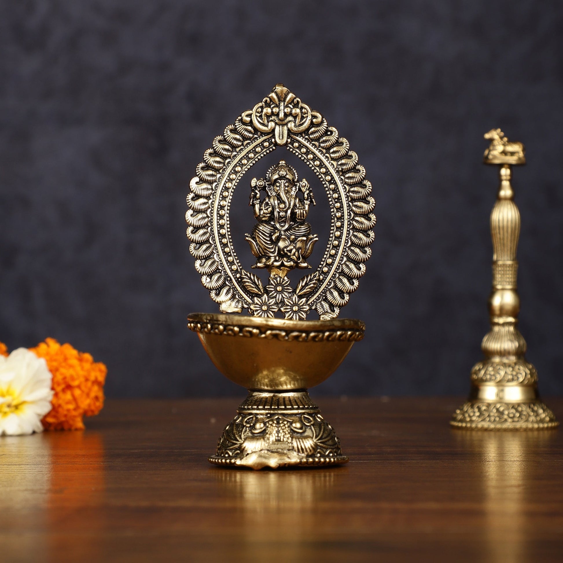 Brass Intricately Carved Ganesha Oil Lamp Diya - 4.5" Tall | 100% Certified Copper & Brass - Sama Homes Idol - Brass Sculpture - Eco-friendly - Sama Homes