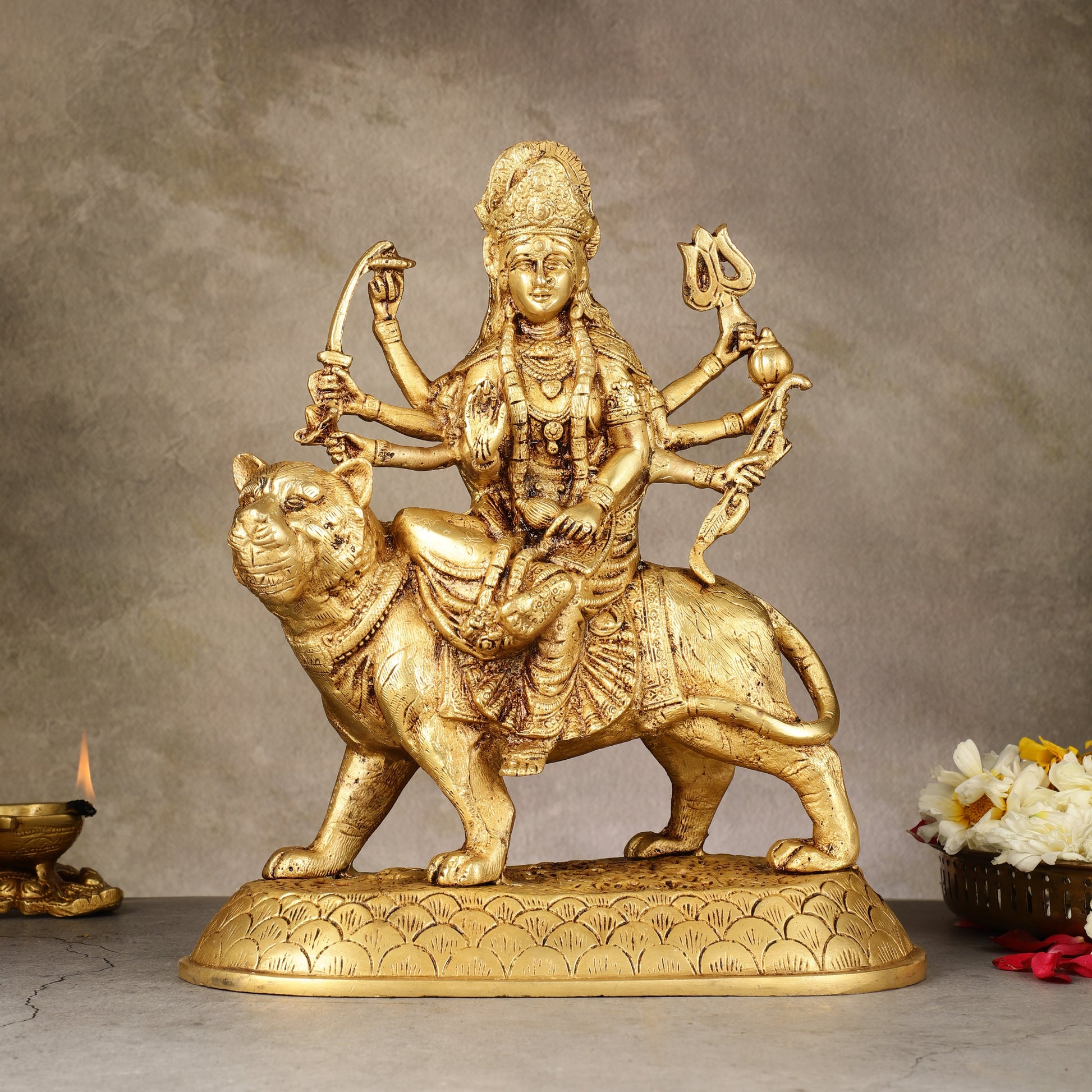 Brass large Goddess Durga sherawali mata murti 12 inch | 100% Certified Copper & Brass - Sama Homes Idol - Brass Sculpture - Eco-friendly - Sama Homes