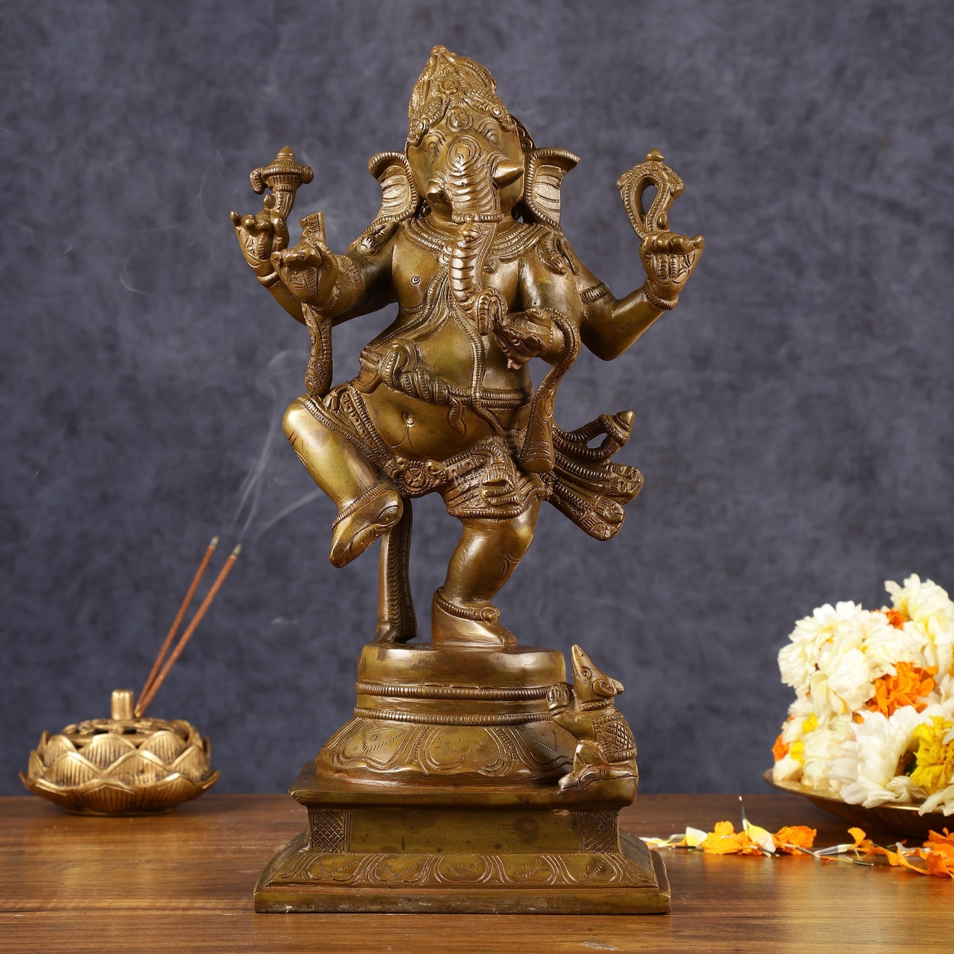 Chola-Inspired Dancing Ganapati Brass Statue | Nritya Ganesha | Height: 13 inch - Sama Homes Idol - Brass Sculpture - Eco-friendly - Sama Homes