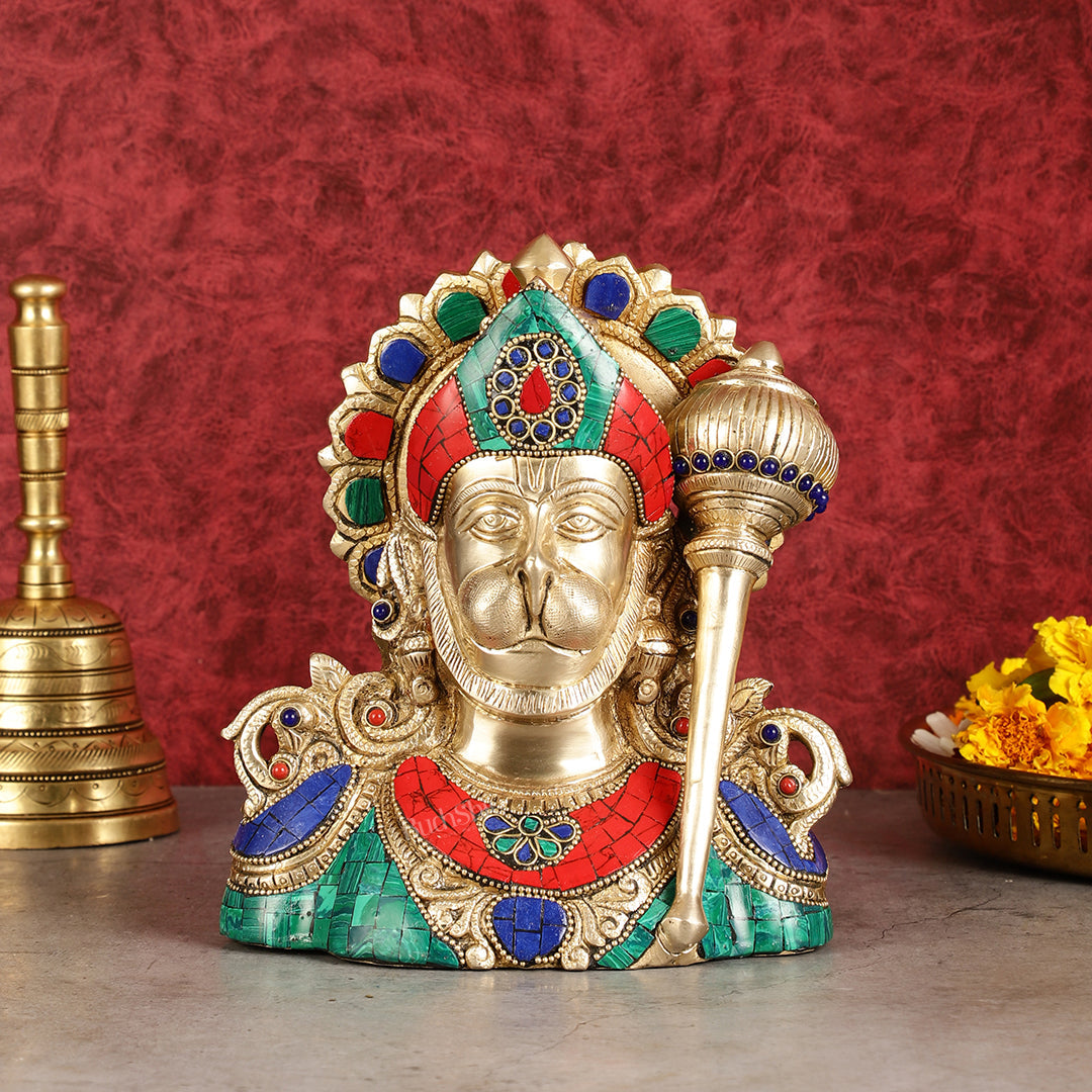 Handcrafted Brass Hanuman Ji Bust with Multicolour Stonework - 8" - Sama Homes Idol - Brass Sculpture
