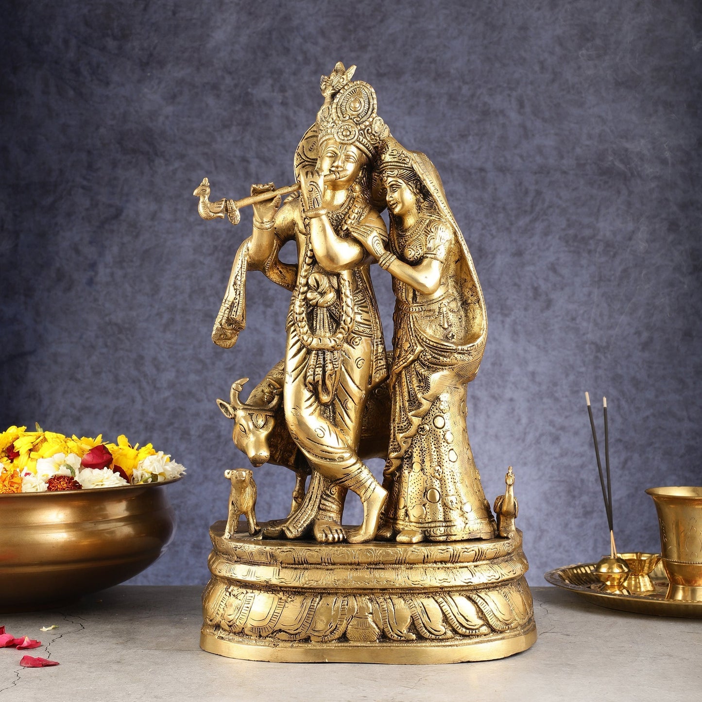 Brass Radha Krishna with Cow, Calf, and Peacock Idol 18 inch | 100% Certified Copper & Brass - Sama Homes Idol - Brass Sculpture