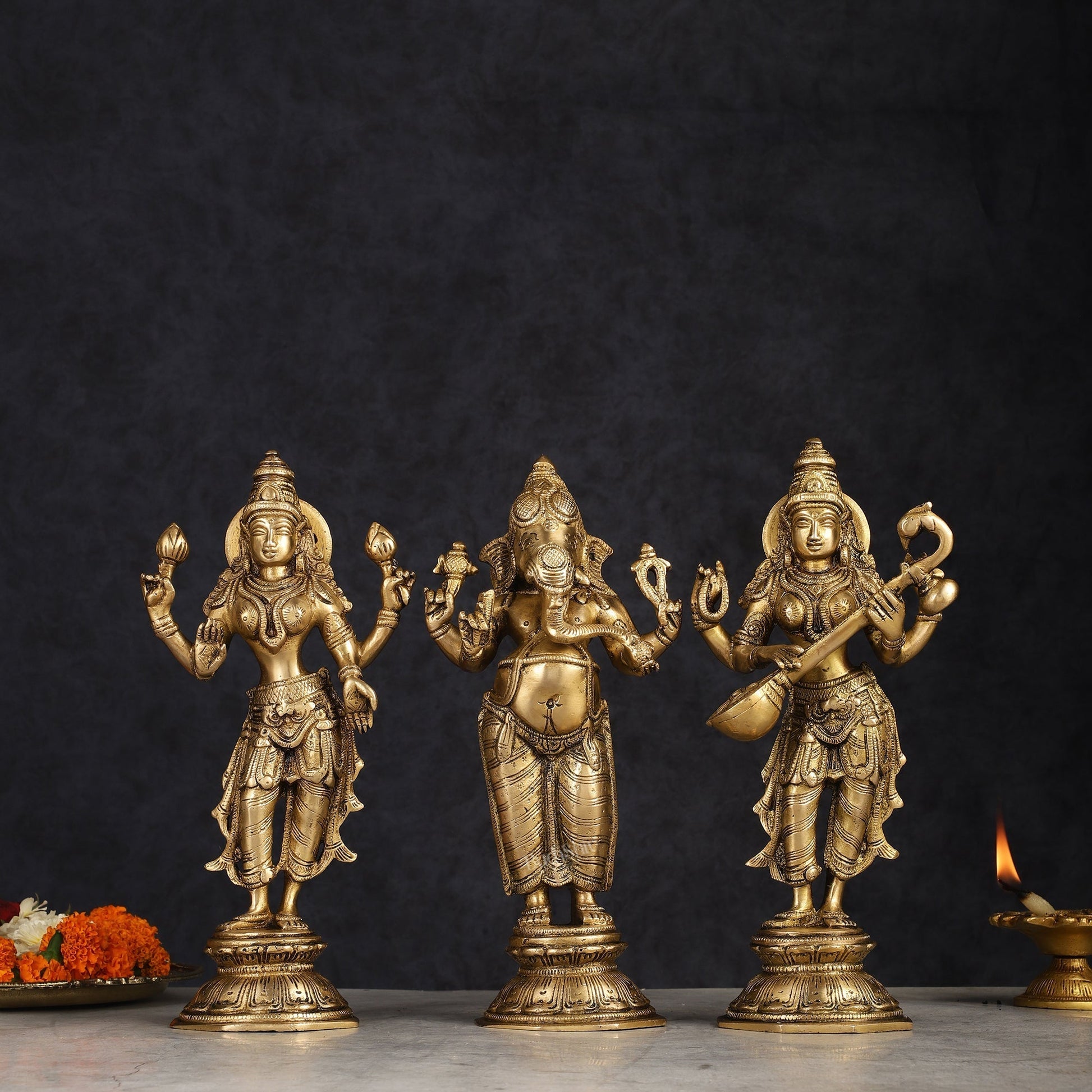 Brass Standing Ganesh Lakshmi Saraswati Idol Set 10" | 100% Certified Copper & Brass - Sama Homes Idol - Brass Sculpture - Eco-friendly - Sama Homes