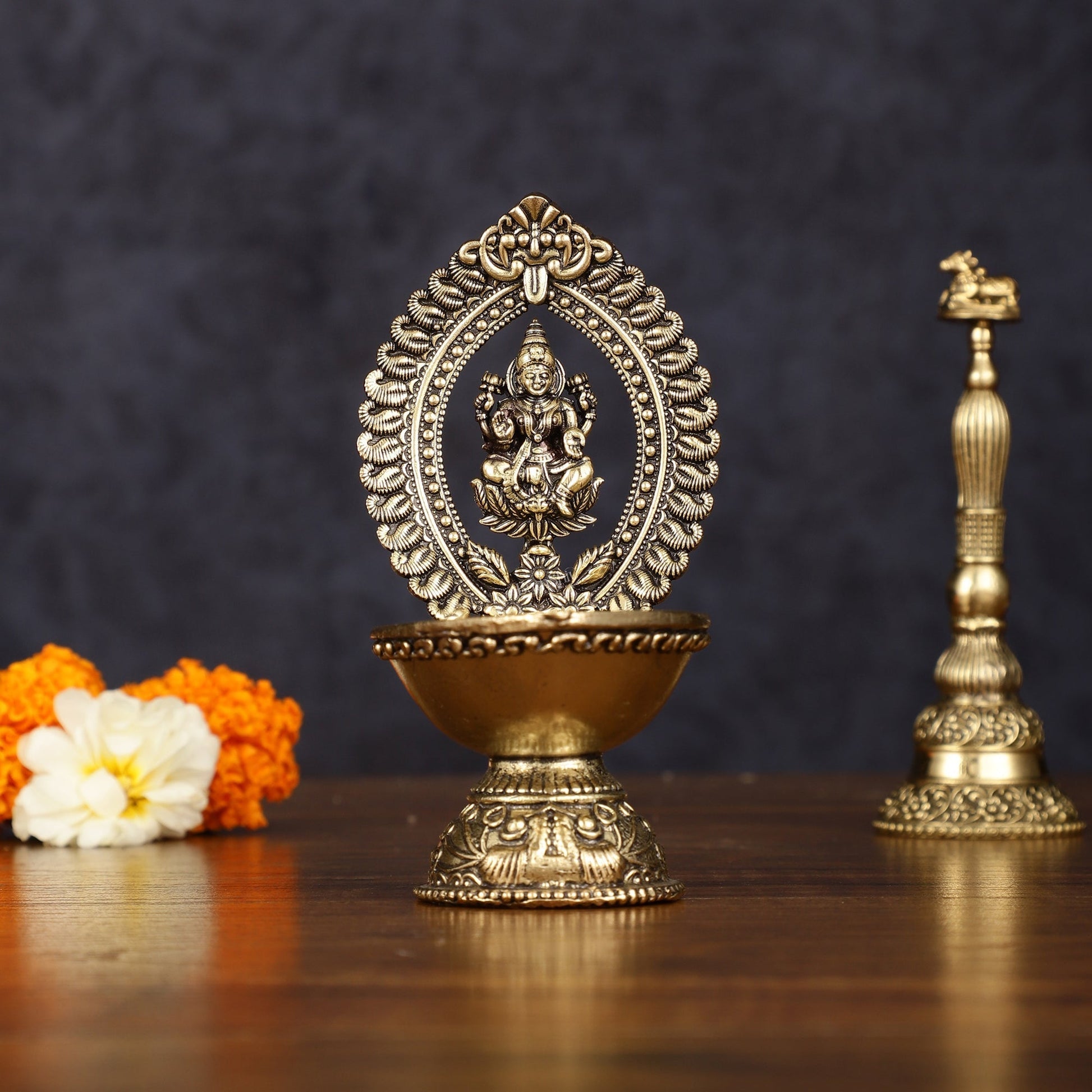 Brass Intricate Lakshmi oil Lamp diya - Lightweight 4.5" | 100% Certified Copper & Brass - Sama Homes Idol - Brass Sculpture - Eco-friendly - Sama Homes