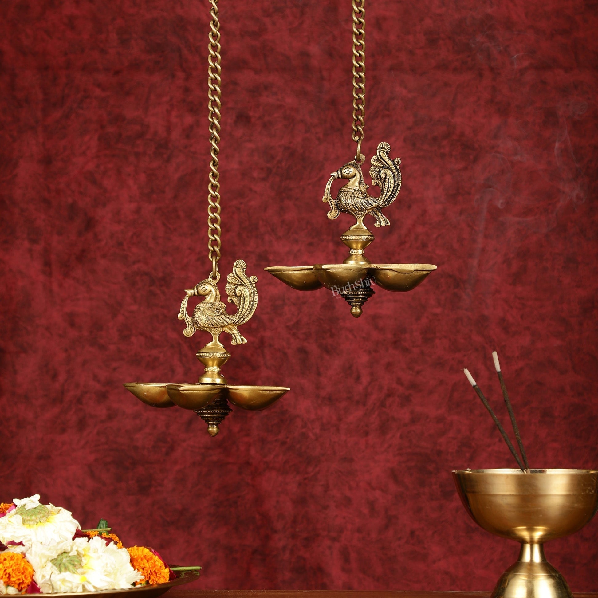 Handcrafted Pair of Brass Annam Diyas | Height 8.5 inch antique finish - Eco-friendly - Sama Homes