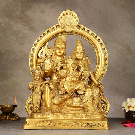 Superfine Brass Shiv Parivar Idol with Frame - 12.5 inch - Sama Homes Idol - Brass Sculpture
