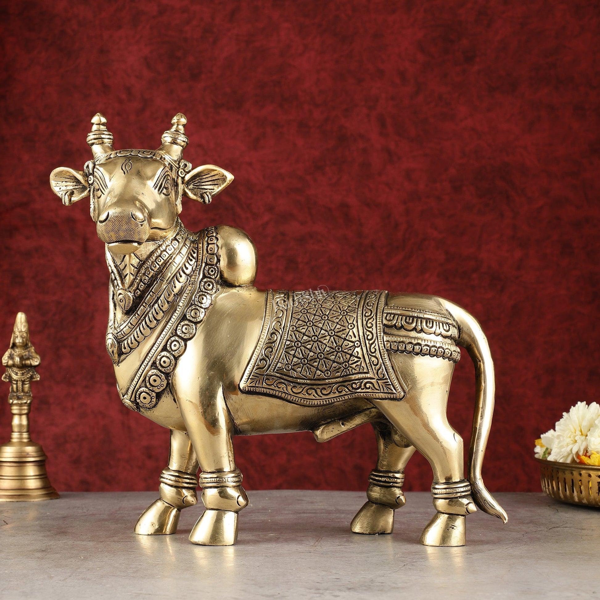 Exquisite Brass Superfine Standing Nandi Idol | 10.5" antique - Sama Homes Idol - Brass Sculpture - Eco-friendly - Sama Homes