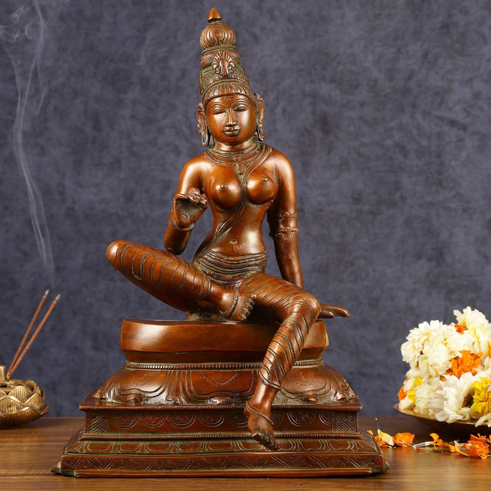 Pure Brass Seated Goddess Uma Parvati Idol | Height: 14 inch - Sama Homes Idol - Brass Sculpture - Eco-friendly - Sama Homes