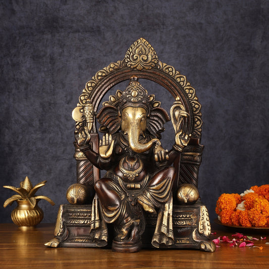 Pure Brass Superfine Lord Ganesha Seated on Throne Dual Tone Sculpture - 17" - Sama Homes Idol - Brass Sculpture