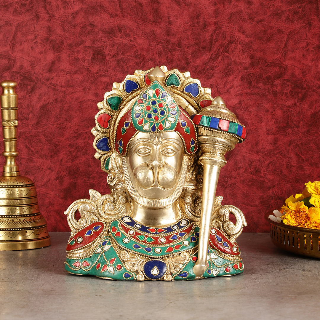 Brass Hanuman Ji face statue with Multicolour Stonework - 8" | 100% Certified Copper & Brass - Sama Homes Idol - Brass Sculpture