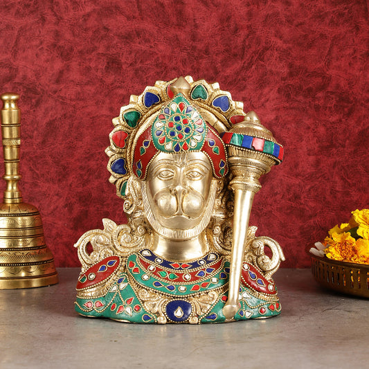 Brass Hanuman Ji face statue with Multicolour Stonework - 8" | 100% Certified Copper & Brass - Sama Homes Idol - Brass Sculpture