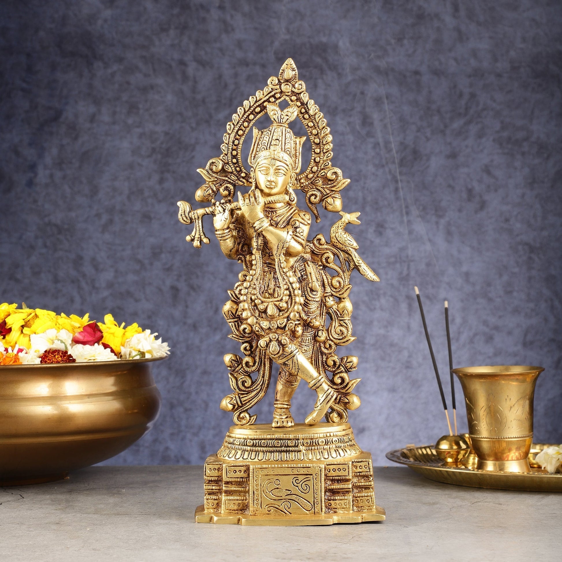 Handcrafted Pure Brass Lord Krishna Statue - 13.5 Inch - Sama Homes Idol - Brass Sculpture - Eco-friendly - Sama Homes