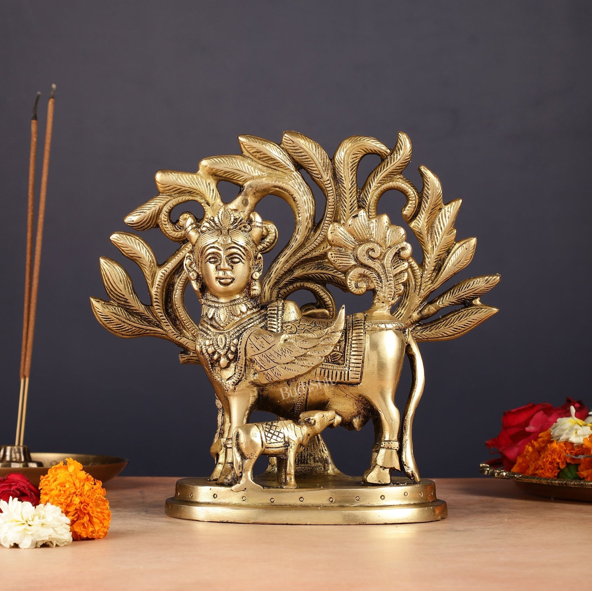 Pure Brass Auspicious Kamdhenu Cow with Kalpavriksha Idol - 7.5" - Eco-friendly - Sama Homes