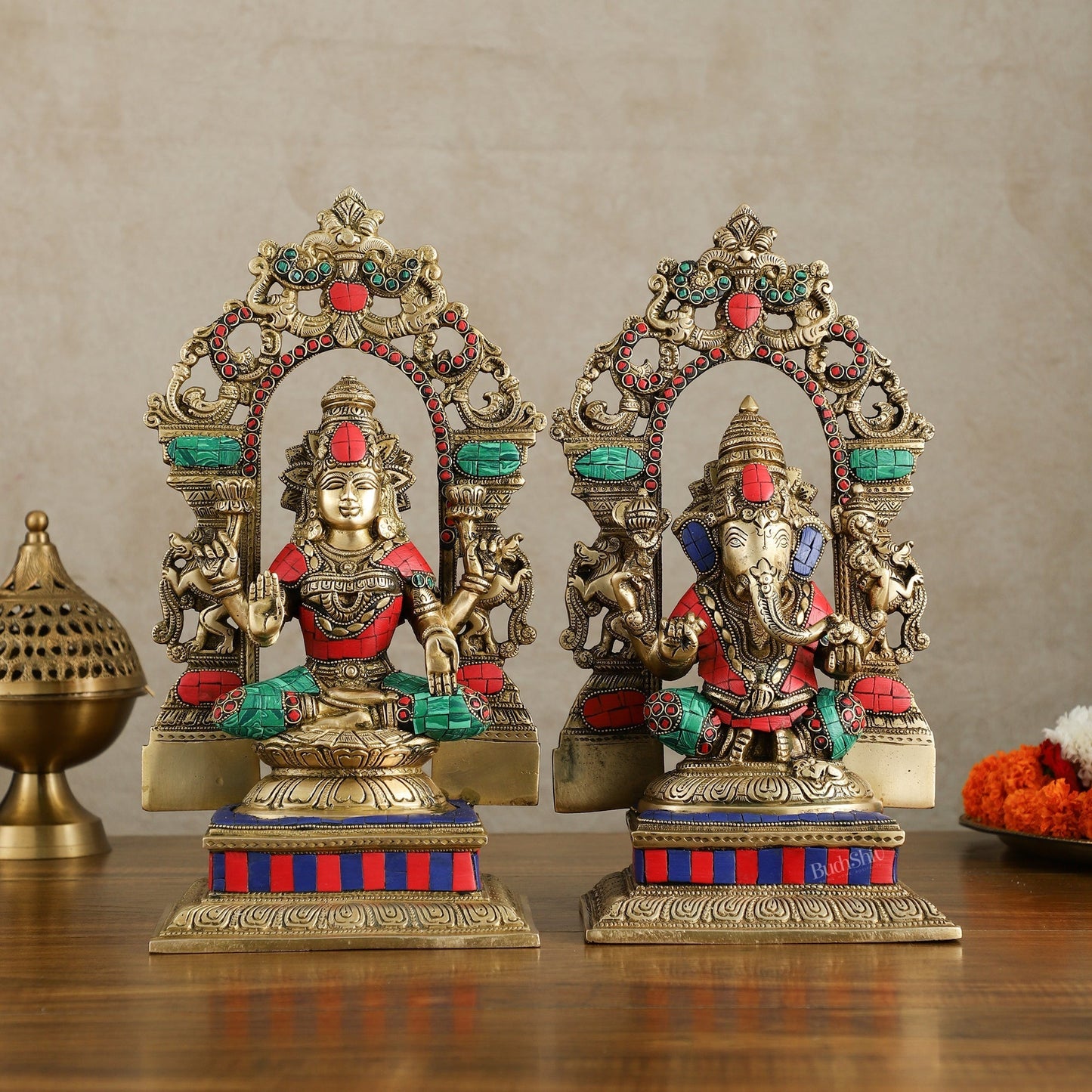 Brass Lord Ganesha and Goddess Lakshmi Idols with meenakari Stonework 12 inch | 100% Certified Copper & Brass - Sama Homes Idol - Brass Sculpture