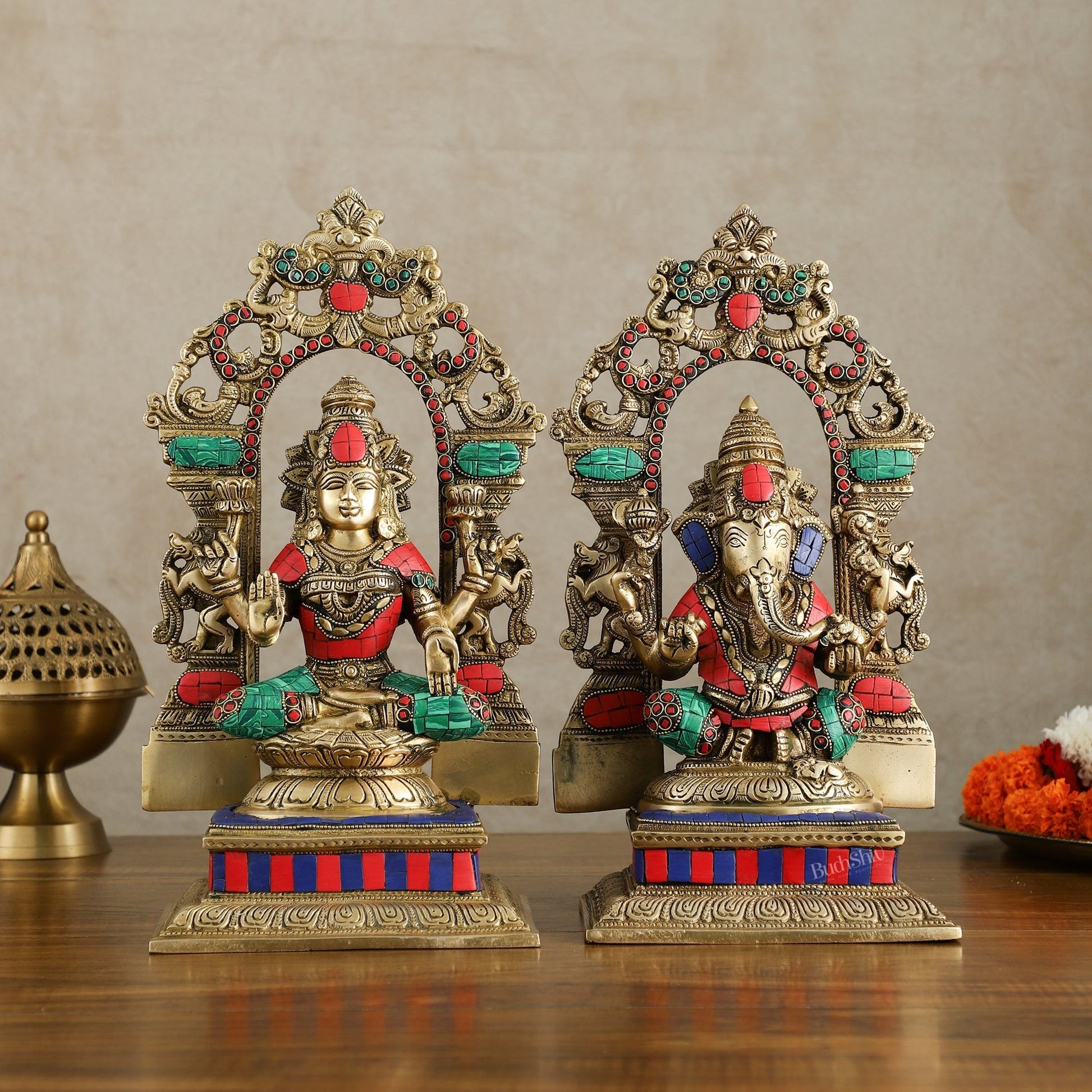 Brass Lord Ganesha and Goddess Lakshmi Idols with meenakari Stonework 12 inch | 100% Certified Copper & Brass - Sama Homes Idol - Brass Sculpture - Eco-friendly - Sama Homes