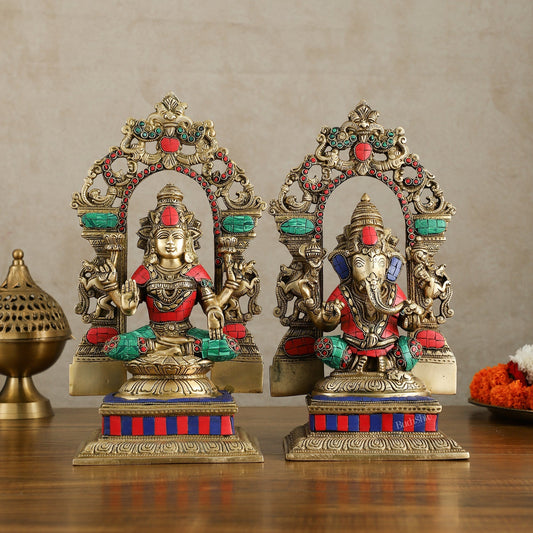 Brass Lord Ganesha and Goddess Lakshmi Idols with meenakari Stonework 12 inch | 100% Certified Copper & Brass - Sama Homes Idol - Brass Sculpture
