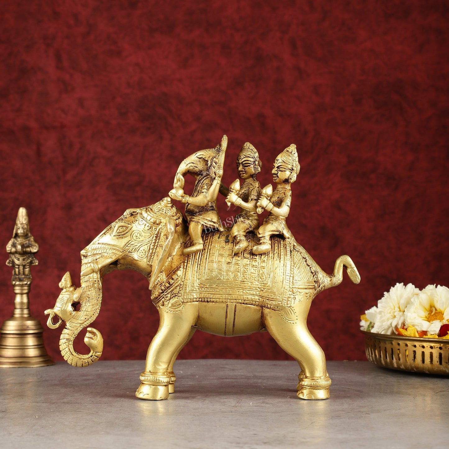 Pure Brass Handcrafted Ganesha with Riddhi Siddhi on Elephant Statue - 7.5" - Sama Homes Idol - Brass Sculpture
