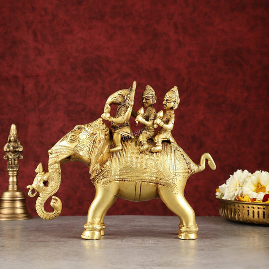 Pure Brass Handcrafted Ganesha with Riddhi Siddhi on Elephant Statue - 7.5" - Sama Homes Idol - Brass Sculpture