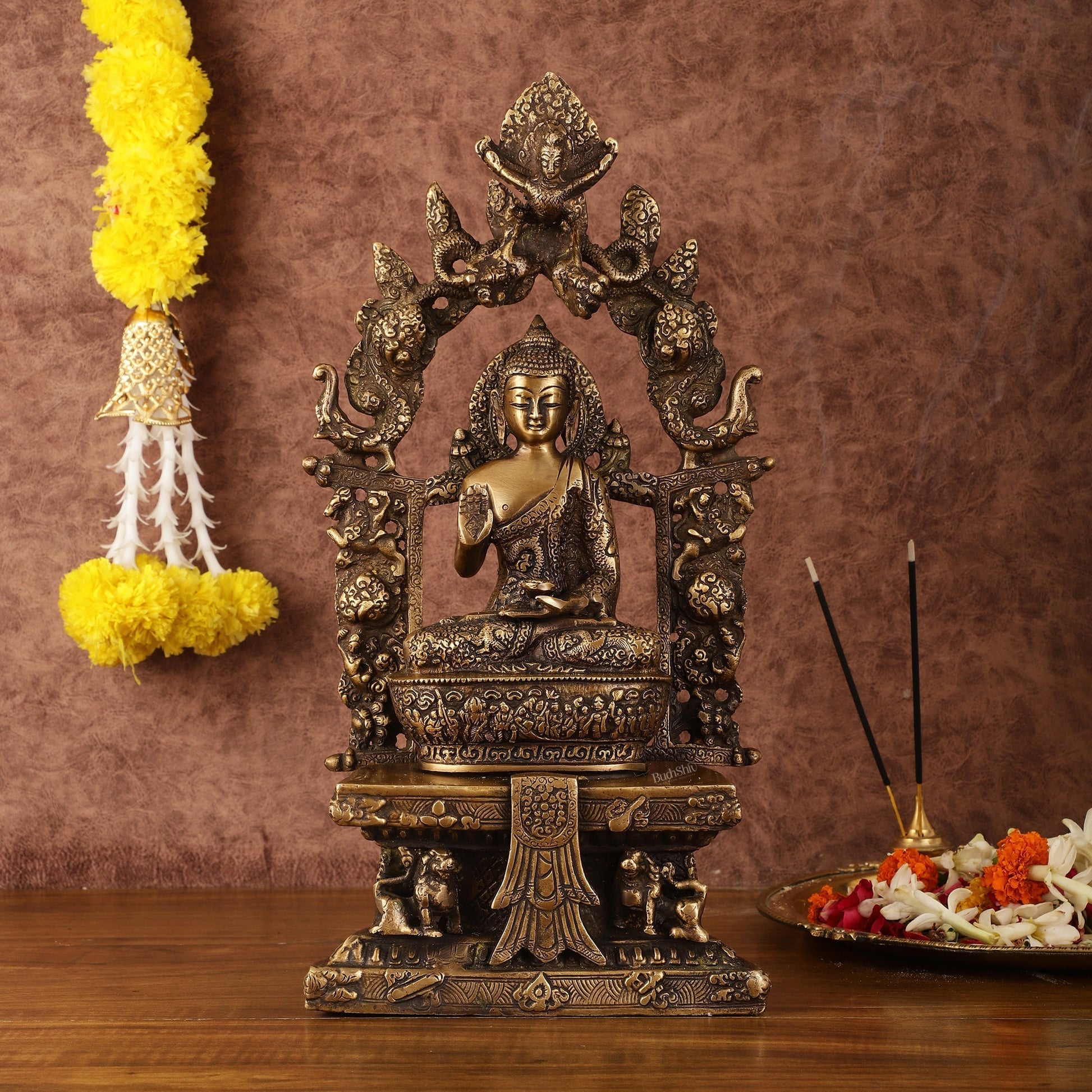 Pure Brass Buddha Seated on Engraved Aasan and Arch - 16" - Sama Homes Idol - Brass Sculpture - Eco-friendly - Sama Homes