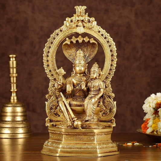 Pure Brass Vishnu Lakshmi Seated on Sheshanaaga Idol 10 inch - Sama Homes Idol - Brass Sculpture