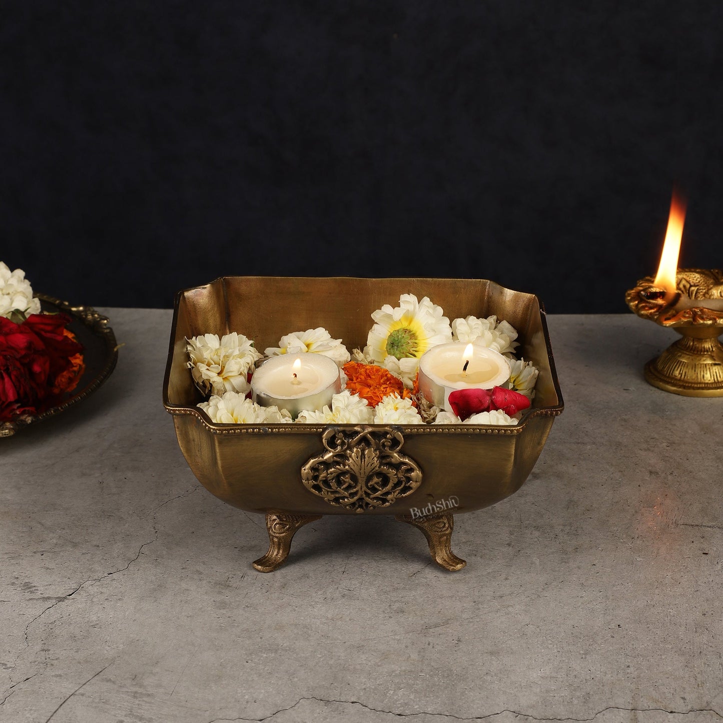 Pure Brass Square Shape Urli Multipurpose Bowl - Elegant and Versatile Decor – Sama Homes