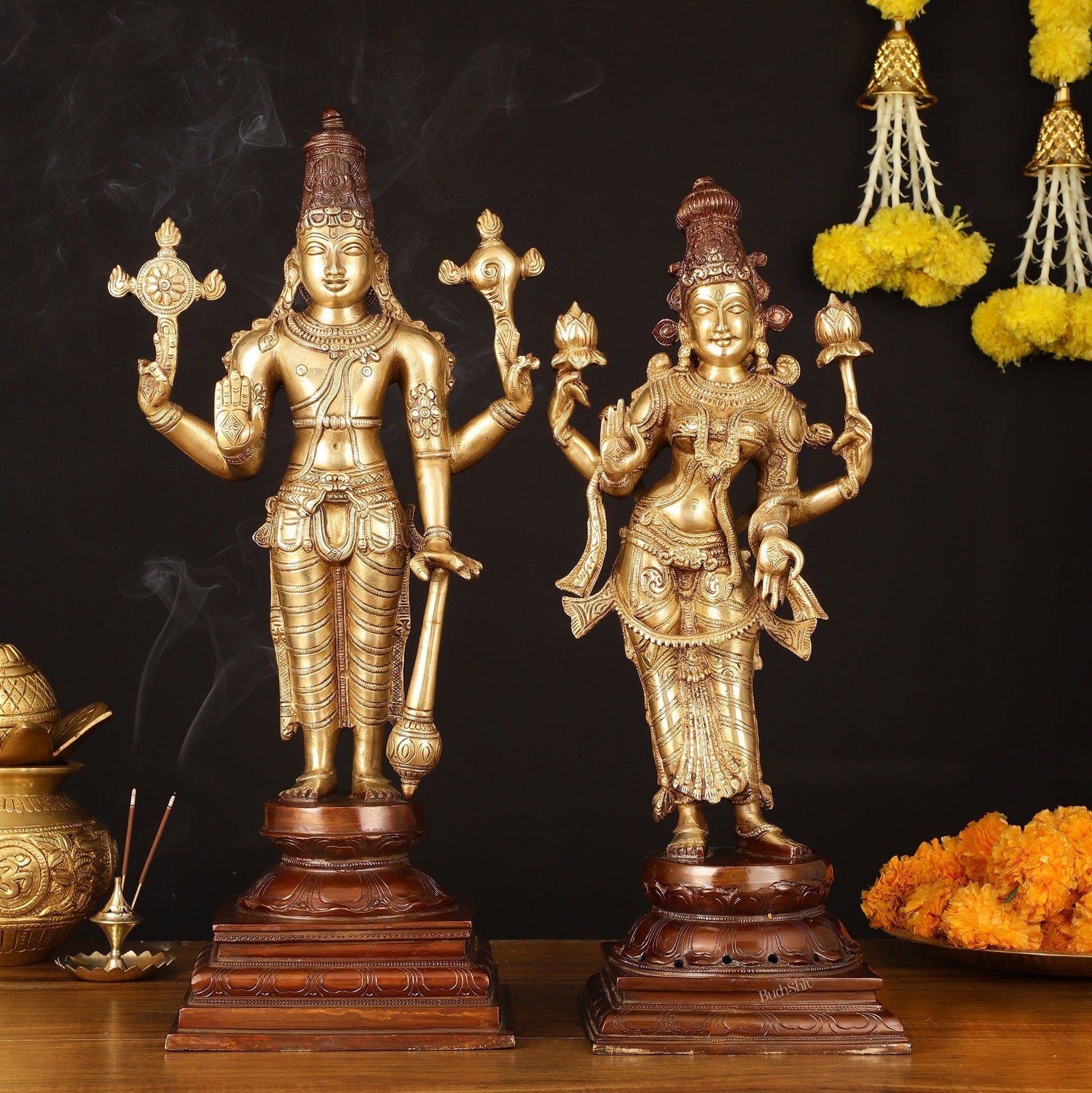 Brass Superfine Vishnu and Goddess Lakshmi Statues - Elegant Dual Tone Pair 20.5" - Sama Homes Idol - Brass Sculpture - Eco-friendly - Sama Homes