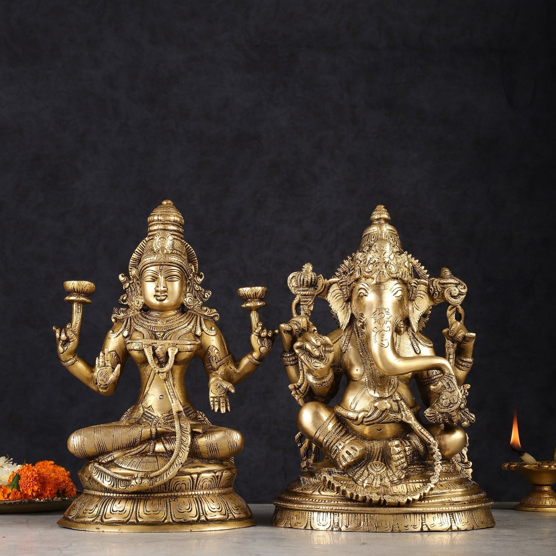 Finely Crafted Pure Brass Ganesh Lakshmi Idol Set 10" - Sama Homes Idol - Brass Sculpture - Eco-friendly - Sama Homes