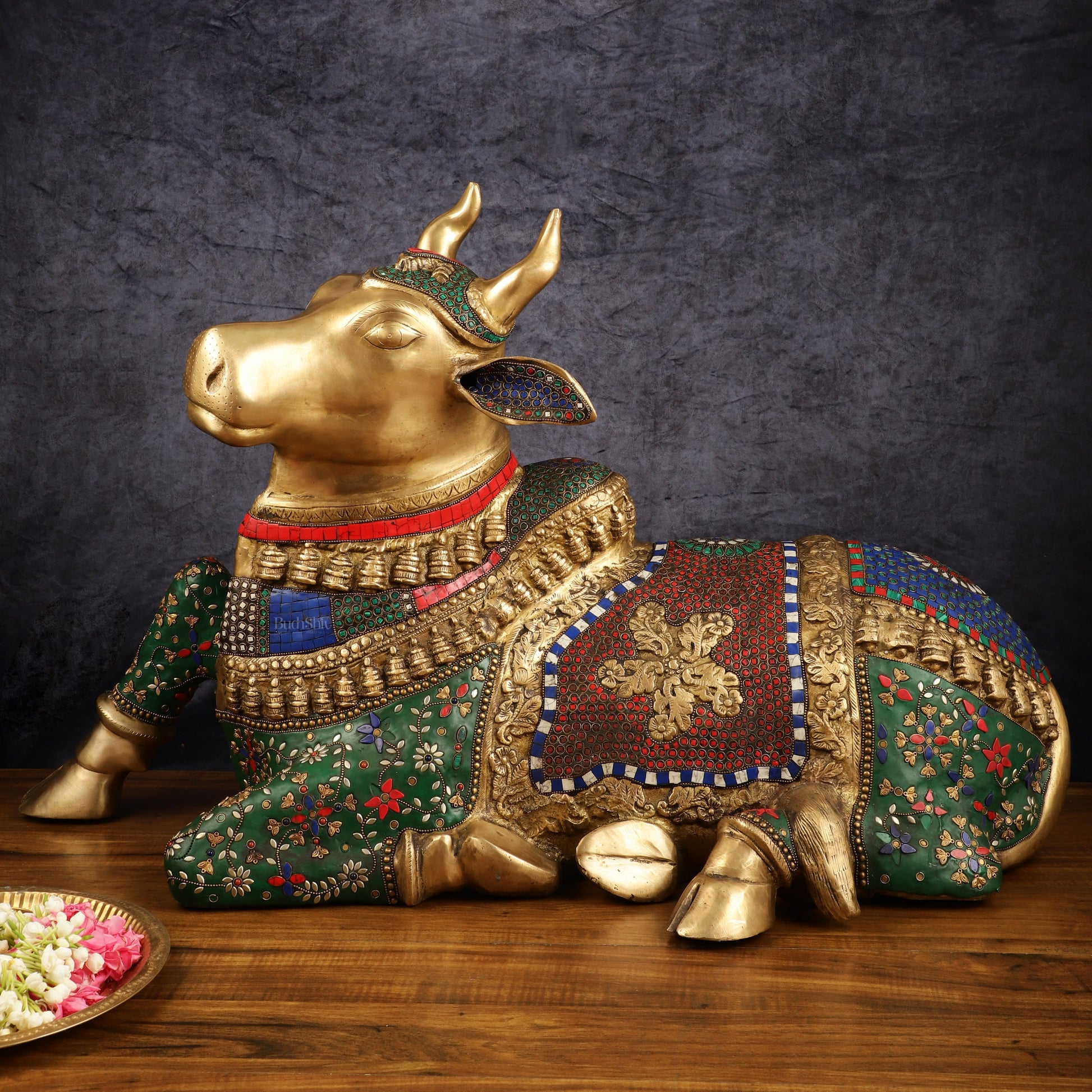 Handcrafted Brass Nandi Bull Statue with Stonework | 21x35x15 Inch - Sama Homes Idol - Brass Sculpture - Eco-friendly - Sama Homes