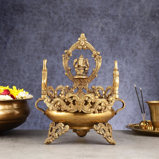 Handcrafted Brass Traditional Ganapati Urli Bowl with Elephants - 12-inch - Sama Homes Idol - Brass Sculpture
