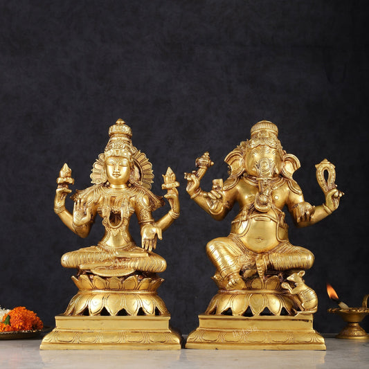 Brass Ganesh Lakshmi Pair - 12 inch | 100% Certified Copper & Brass - Sama Homes Idol - Brass Sculpture