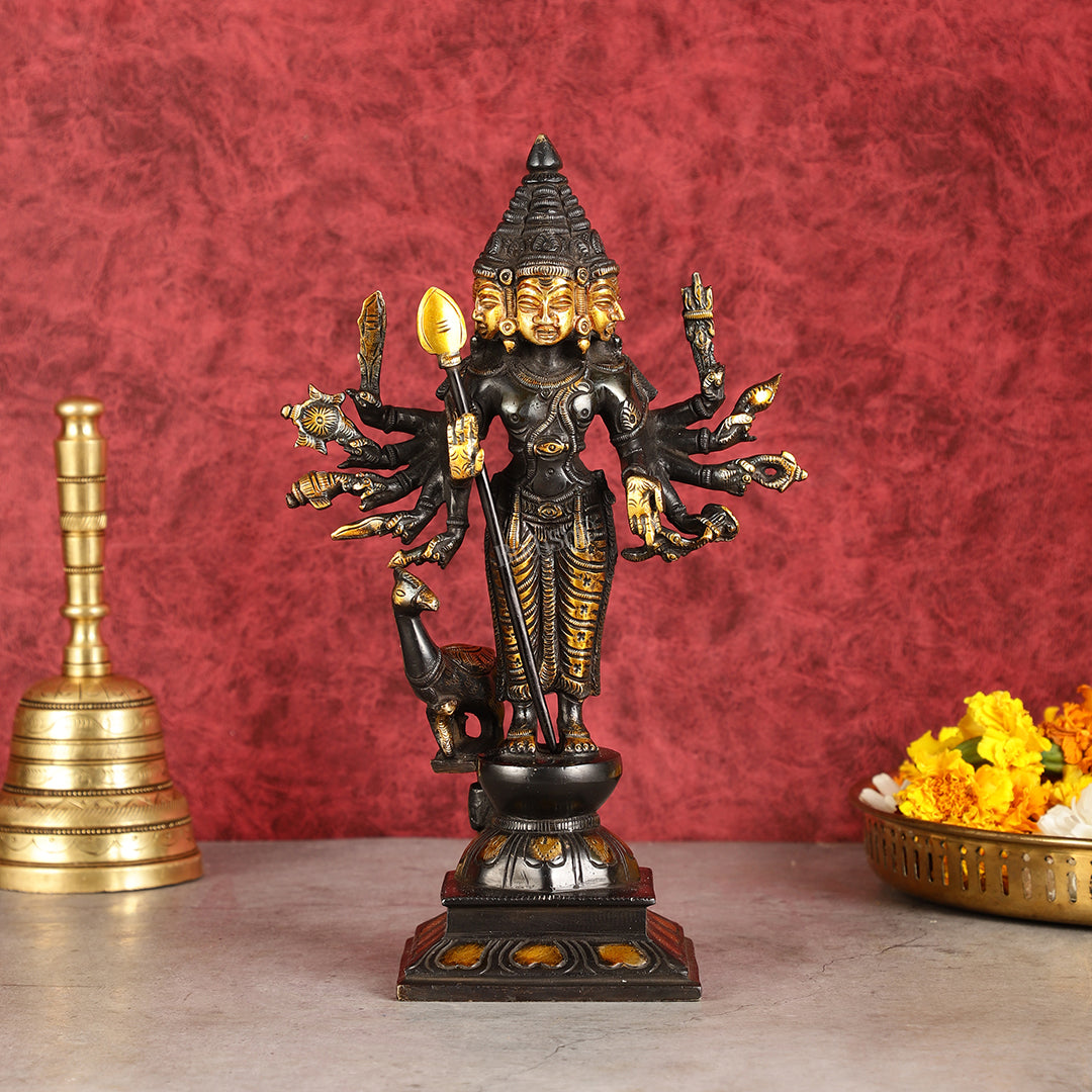 Pure Brass Shanmukha Murugan Idol with Six Heads 10.5 inch - Sama Homes Idol - Brass Sculpture - Eco-friendly - Sama Homes