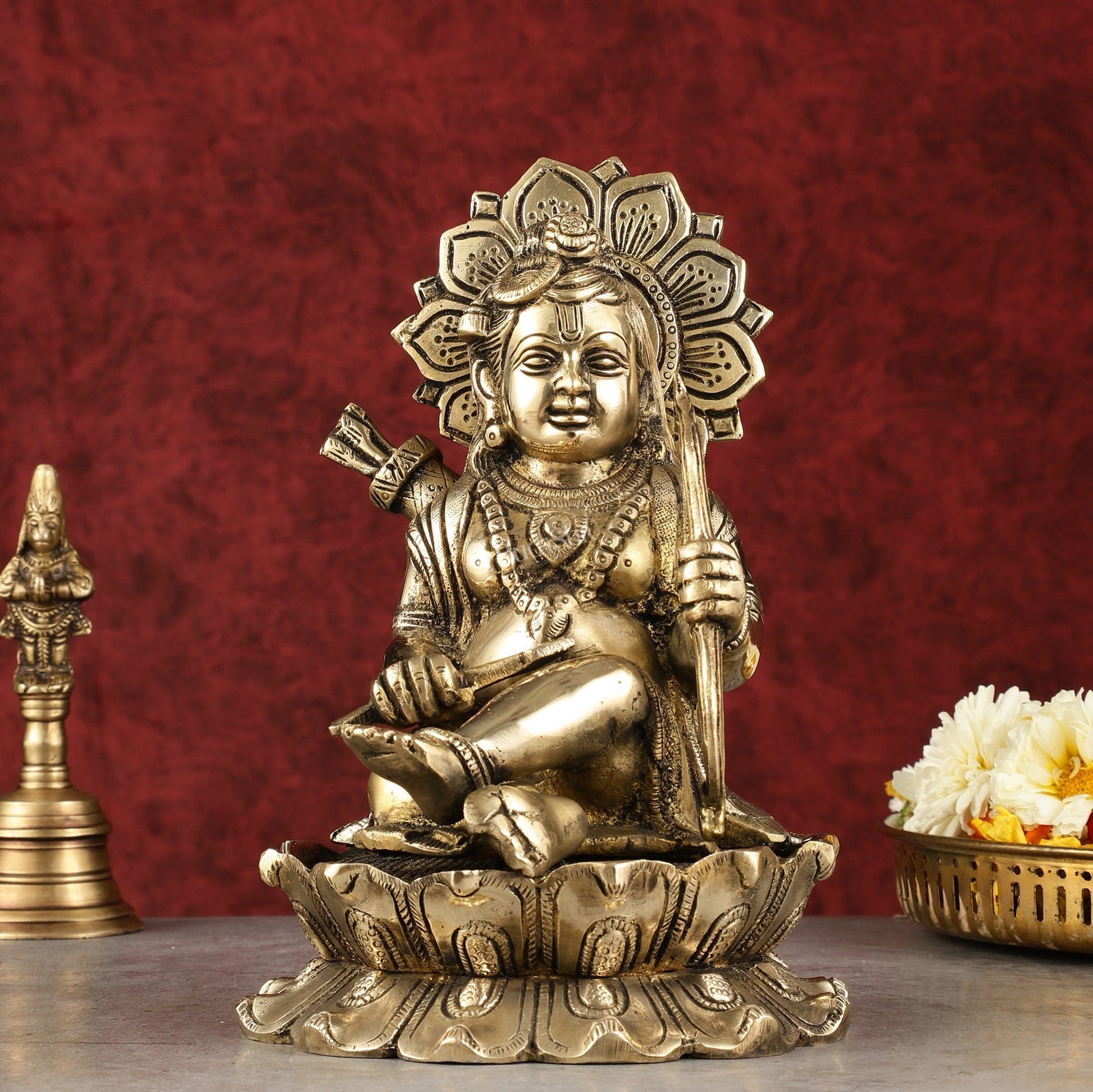 Pure Brass Ram Lalla Seated on Lotus Idol - 9" shine gold - Sama Homes Idol - Brass Sculpture - Eco-friendly - Sama Homes