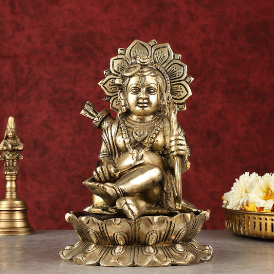 Pure Brass Ram Lalla Seated on Lotus Idol - 9" shine gold - Sama Homes Idol - Brass Sculpture