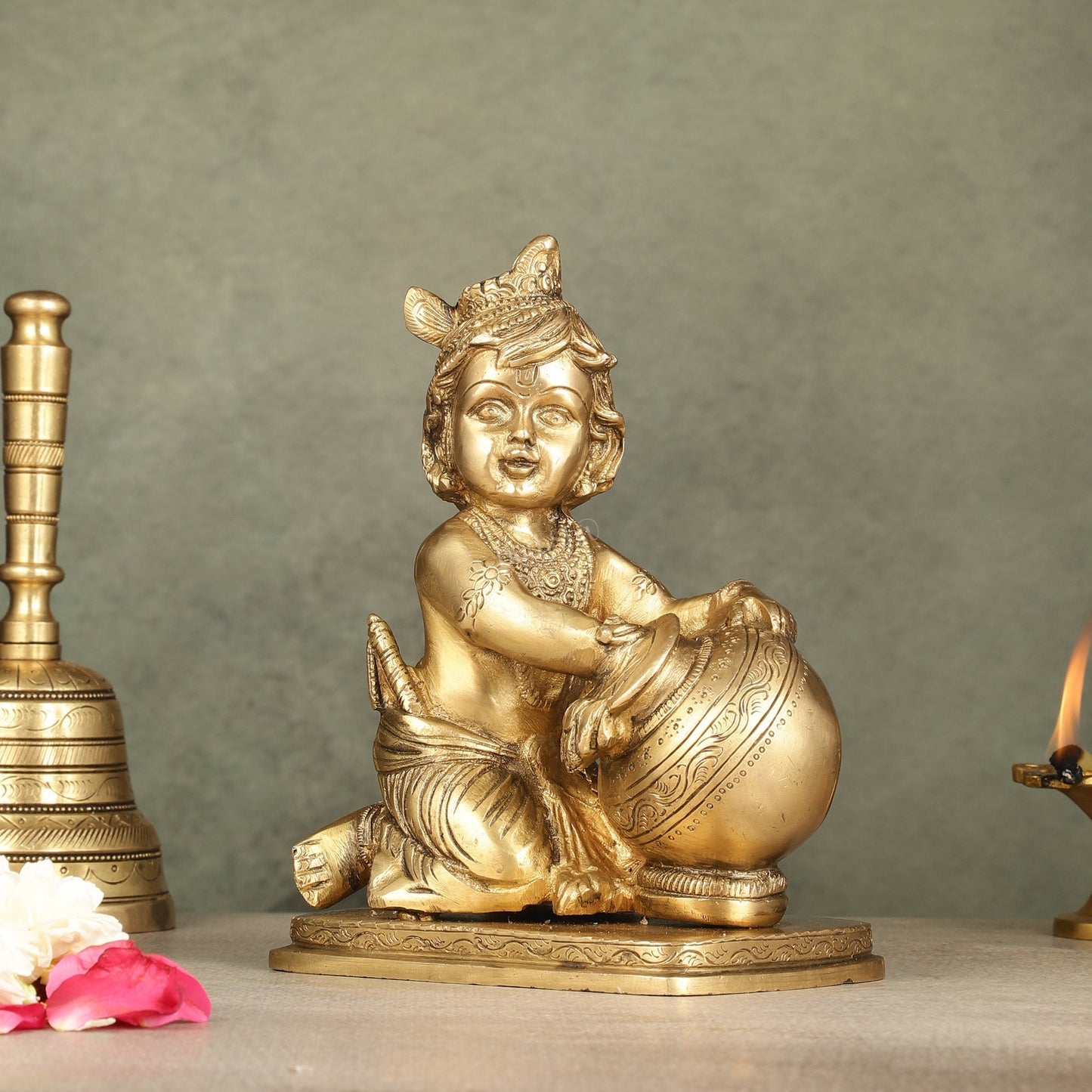 Brass Bal Gopal Makhan Chor - 7 inches | Divine Lord Krishna Idol | 100% Certified Copper & Brass - Sama Homes Idol - Brass Sculpture