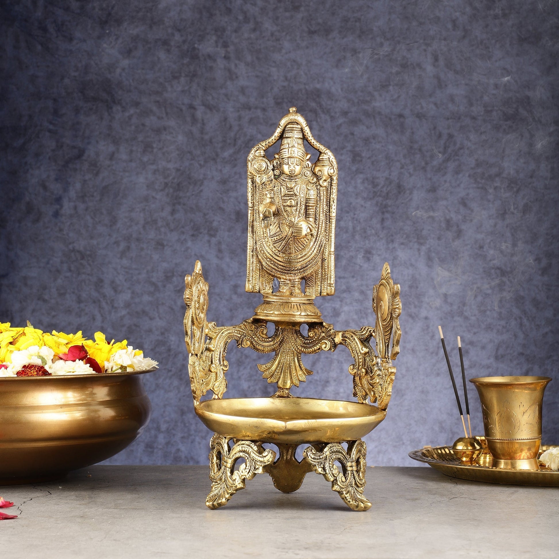 Brass Superfine Tirupati Balaji Shankh Oil Lamp Diya | 15" Height - Sama Homes Idol - Brass Sculpture - Eco-friendly - Sama Homes