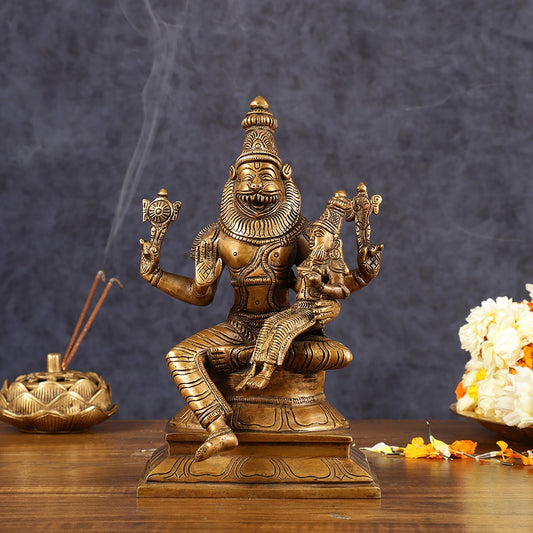Antique Pure Brass Lord Narasimha with Goddess Lakshmi Statue | Height: 9 inch | 100% Certified Copper & Brass - Sama Homes Idol - Brass Sculpture