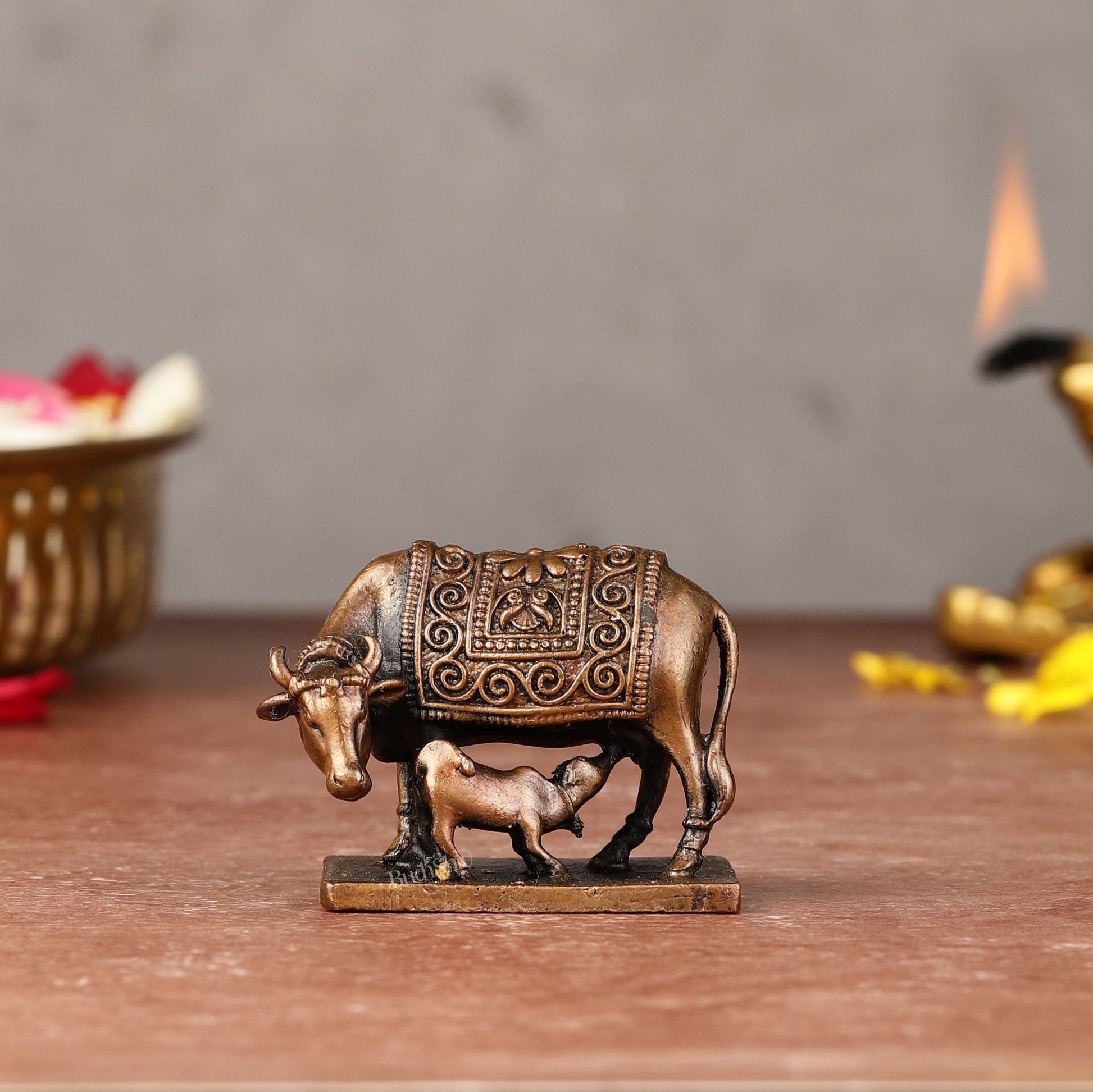 Pure Copper Gomatha Kamdhenu Cow with Calf Idol - 2-inch - Sama Homes Idol - Brass Sculpture - Eco-friendly - Sama Homes