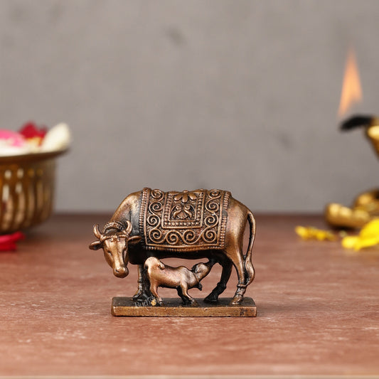 Pure Copper Gomatha Kamdhenu Cow with Calf Idol - 2-inch - Sama Homes Idol - Brass Sculpture