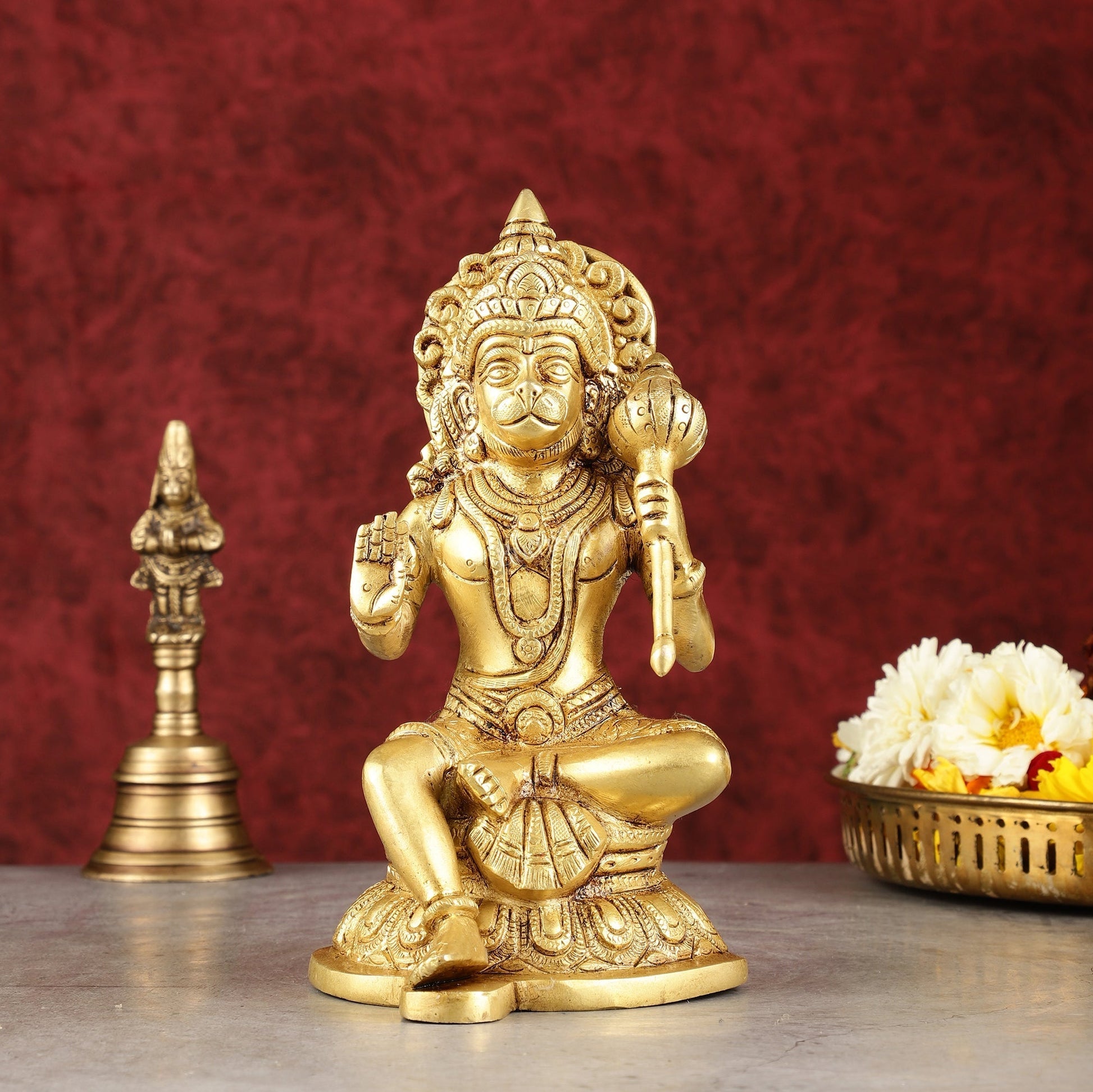 Pure Brass Handcrafted lord Hanuman Idol - 8" - Sama Homes Idol - Brass Sculpture - Eco-friendly - Sama Homes