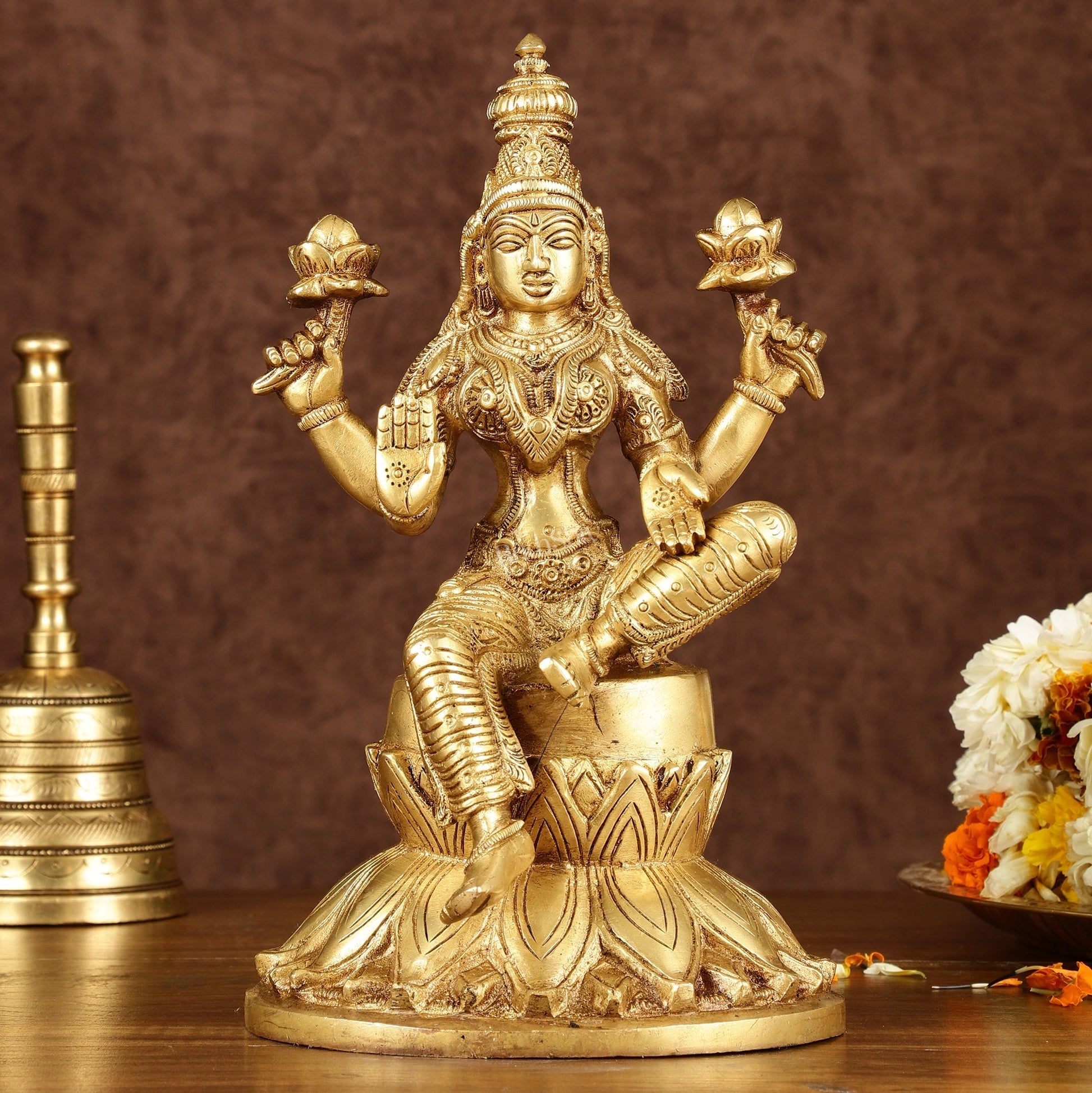 Brass Superfine Kamal Lakshmi Idol | Lotus Lakshmi Murti | Height: 10 inch - Sama Homes Idol - Brass Sculpture - Eco-friendly - Sama Homes