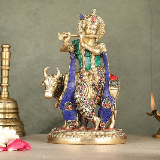 Pure Brass Lord Krishna with Cow Idol | 9.5" - Sama Homes Idol - Brass Sculpture